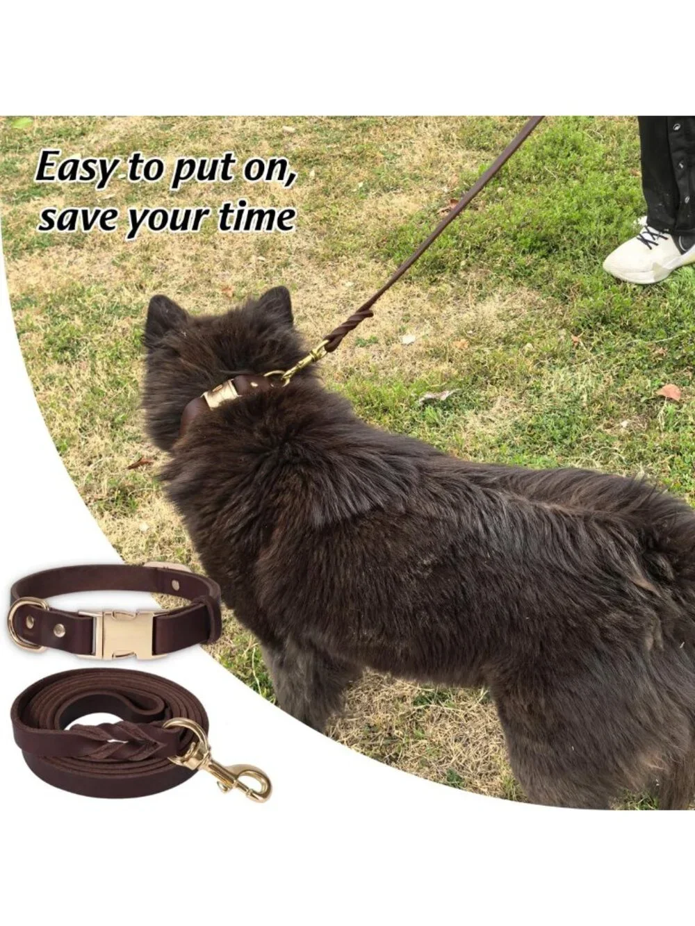 5FT Heavy Duty Leather Dog Collar & Leash Set, Adjustable Soft Pet Lead for